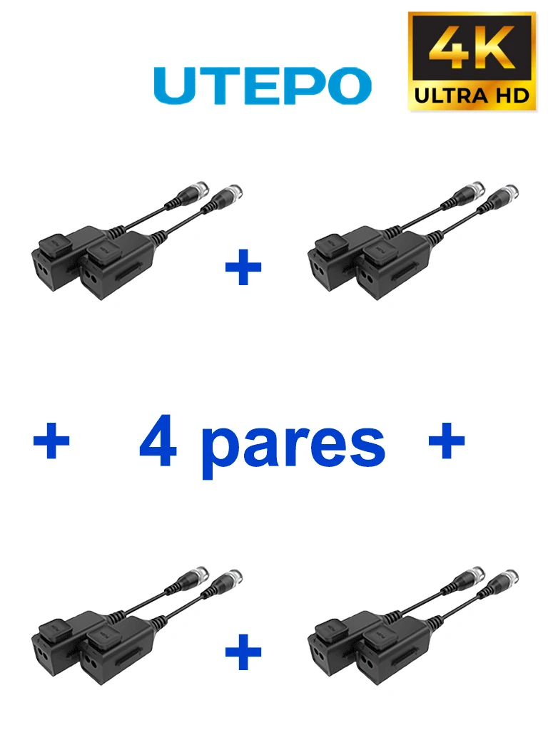 Transceptores UTEPO UTP101PHD6PAK4 - 4 pares de transceptores pasivos HD, diseño para empalmes ordenados, distancias CVI: 720p a 300m, 1080p a 250m, 4MP a 200m, 4K a 150m